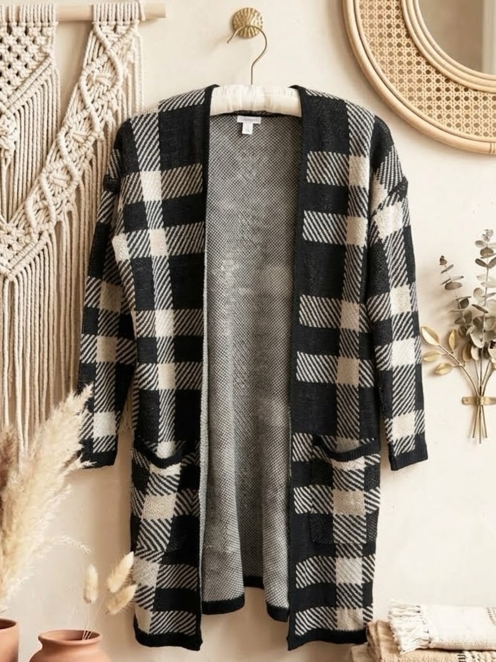 Rue21 Black and Cream Plaid Open-Front Long Cardigan
